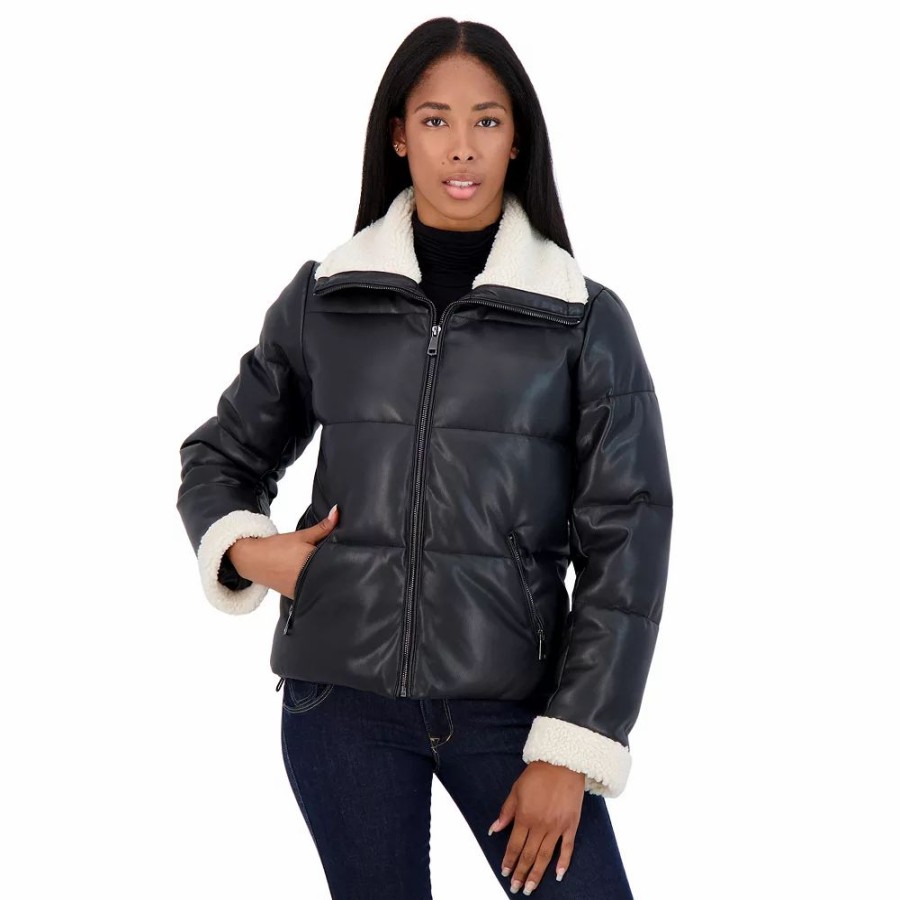 Clothing * | Women'S Sebby Collection Faux Leather Puffer Jacket With Sherpa Collar And Cuffs Black