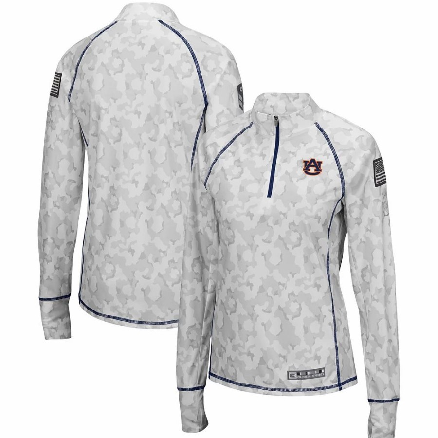 Clothing * | Women'S Colosseum White Auburn Tigers Oht Military Appreciation Officer Arctic Camo 1/4-Zip Jacket