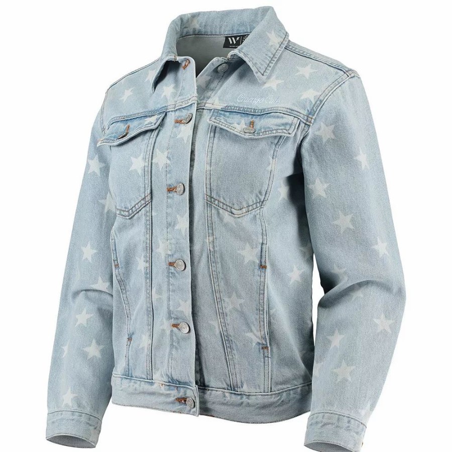 Clothing * | Women'S The Wild Collective Chicago Cubs Allover Print Button-Up Denim Jacket