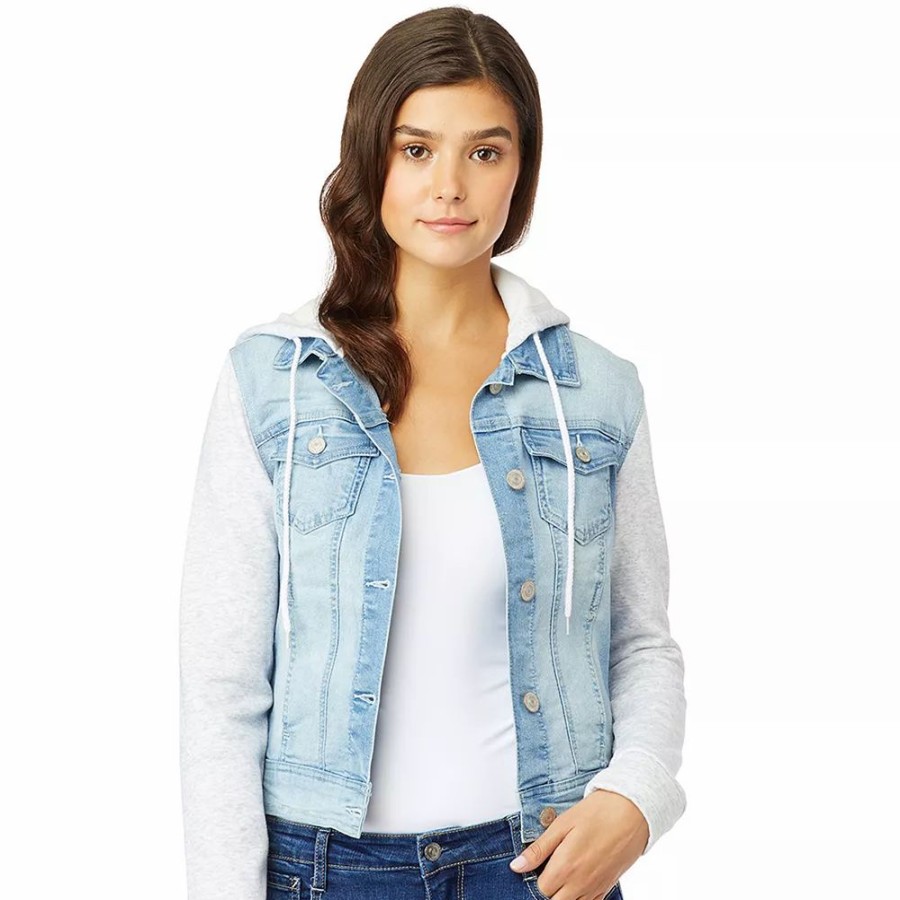 Clothing * | Juniors' Wallflower Dreamer Knit-Sleeve Hooded Jean Jacket