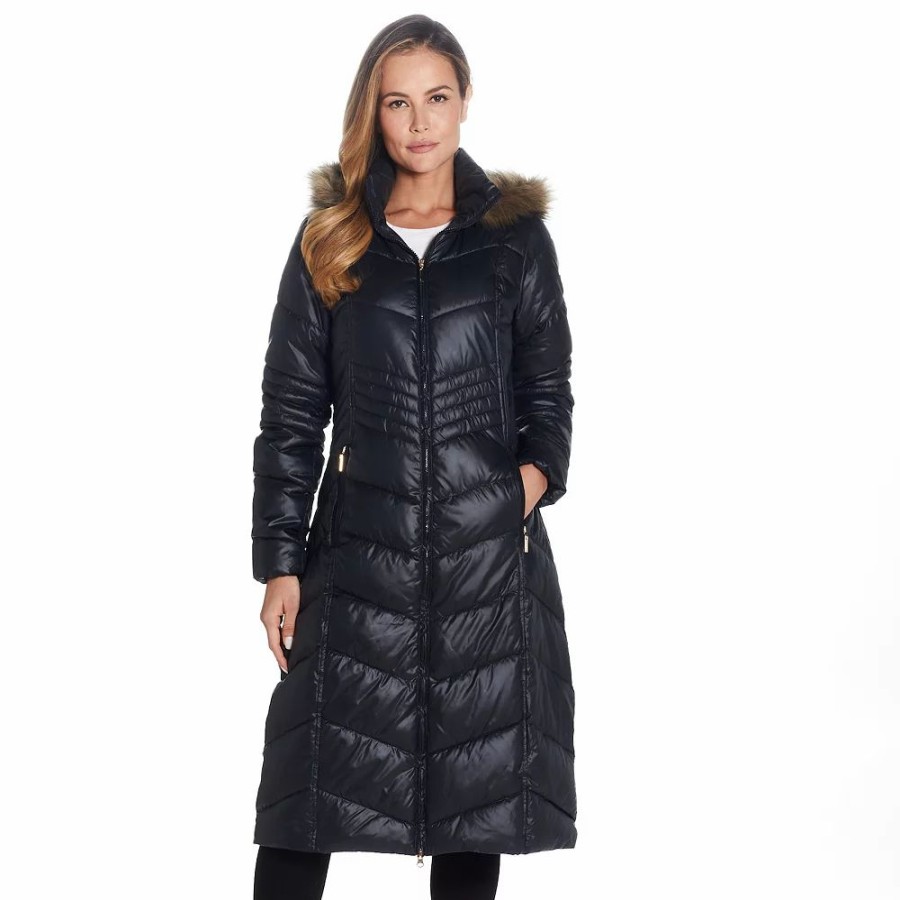 Clothing * | Women'S Gallery Faux-Fur Hood Long Puffer Coat Black