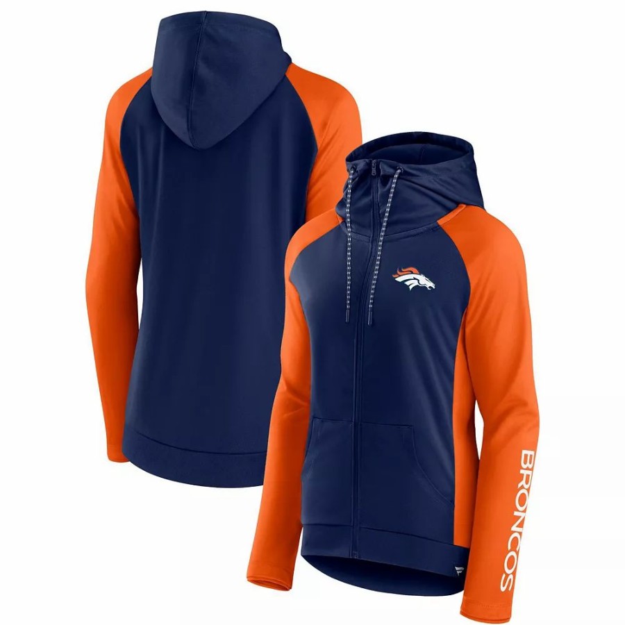 Clothing * | Women'S Fanatics Branded Navy/Orange Denver Broncos End Around Raglan Full-Zip Hoodie