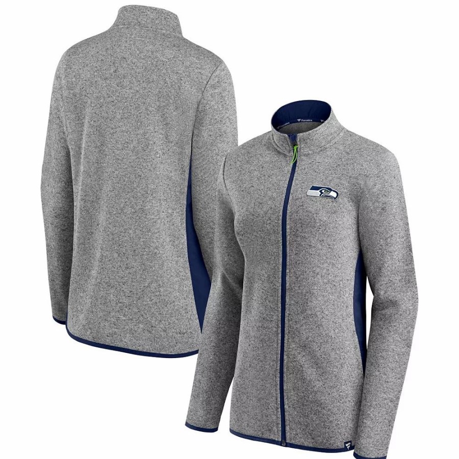 Clothing * | Women'S Fanatics Branded Heathered Gray/College Navy Seattle Seahawks Block Party Primary Logo Full-Zip Jacket