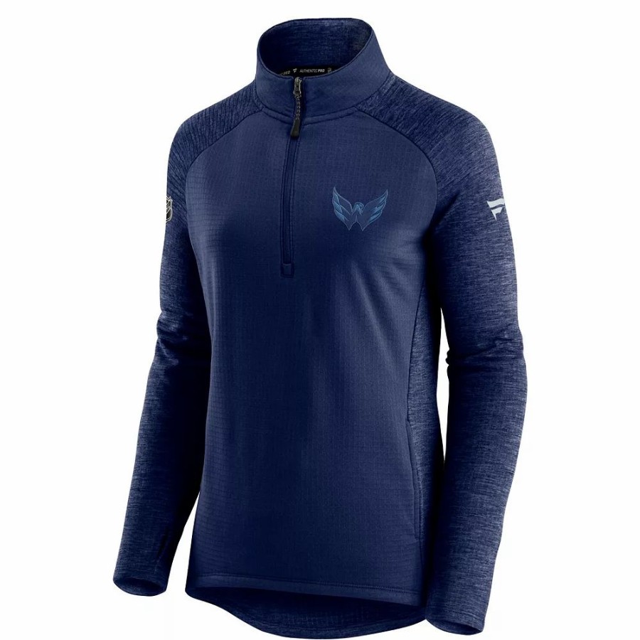 Clothing * | Women'S Fanatics Branded Navy/Heathered Navy Washington Capitals Authentic Pro Travel & Training Raglan Quarter-Zip Jacket