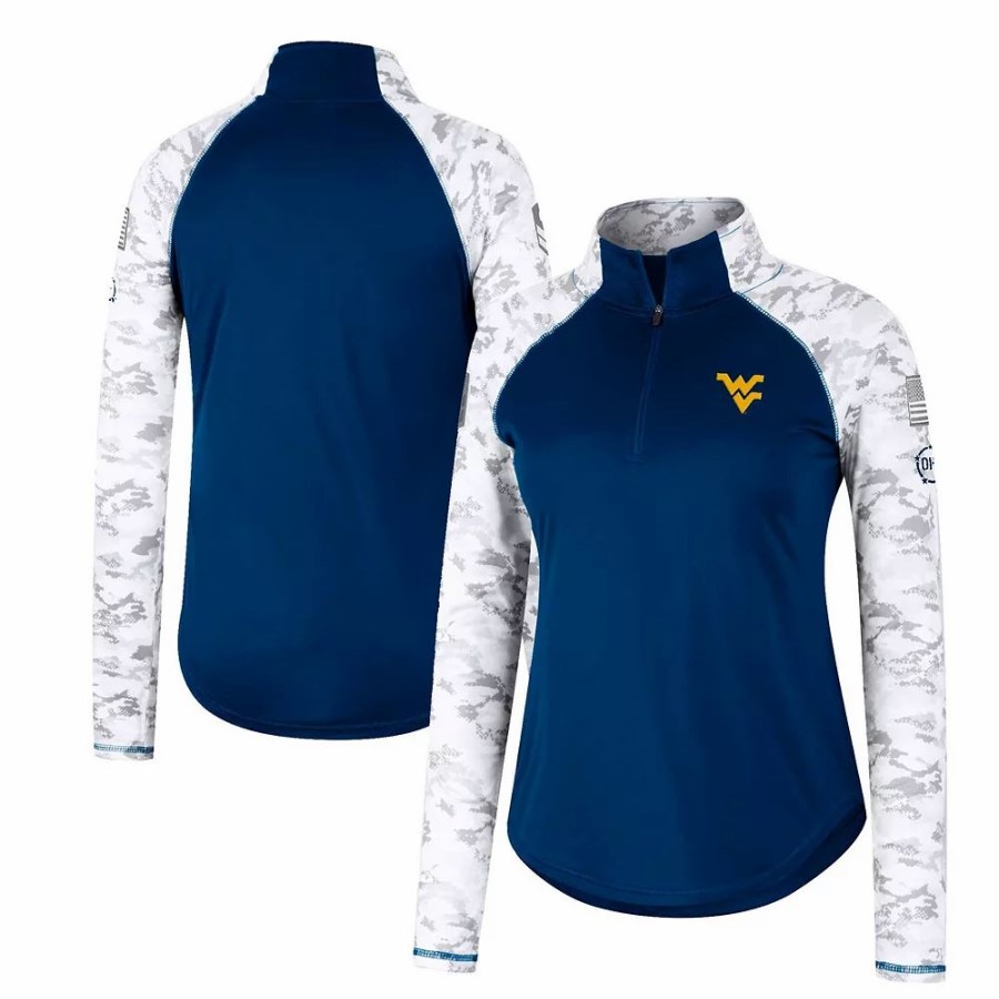 Clothing * | Women'S Colosseum Navy West Virginia Mountaineers Oht Military Appreciation Flash Arctic Camo Raglan Quarter-Zip Jacket