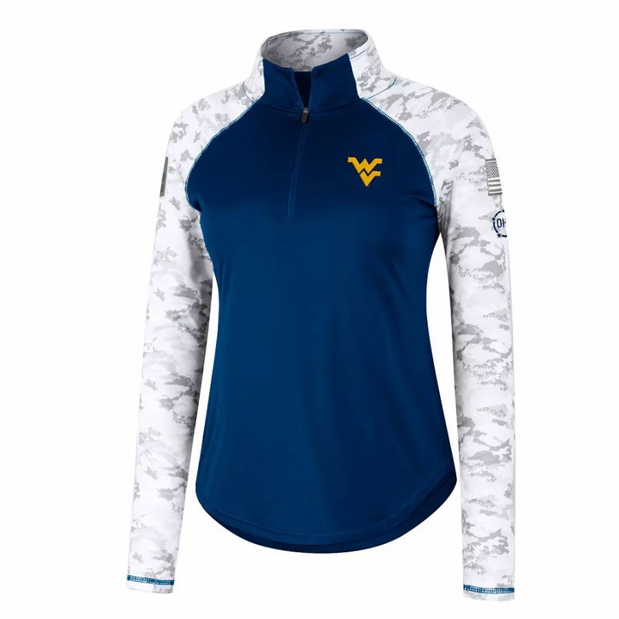 Clothing * | Women'S Colosseum Navy West Virginia Mountaineers Oht Military Appreciation Flash Arctic Camo Raglan Quarter-Zip Jacket