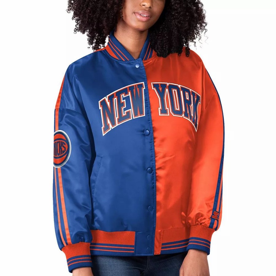 Clothing * | Women'S Starter Blue/Orange New York Knicks Split Colorblock Satin Full-Snap Varsity Jacket