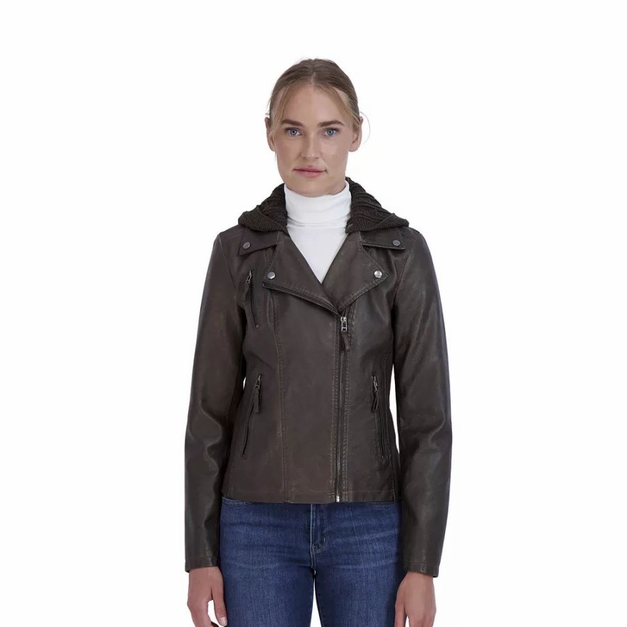 Clothing * | Women'S Sebby Collection Hooded Faux-Leather Moto Jacket