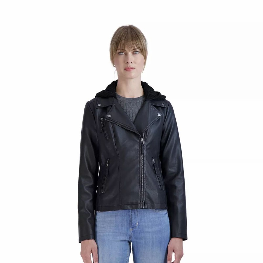 Clothing * | Women'S Sebby Collection Hooded Faux-Leather Moto Jacket