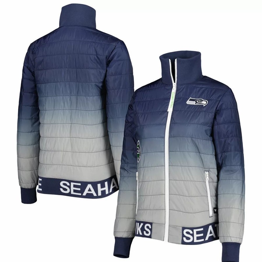 Clothing * | Women'S The Wild Collective College Navy/Gray Seattle Seahawks Color Block Full-Zip Puffer Jacket