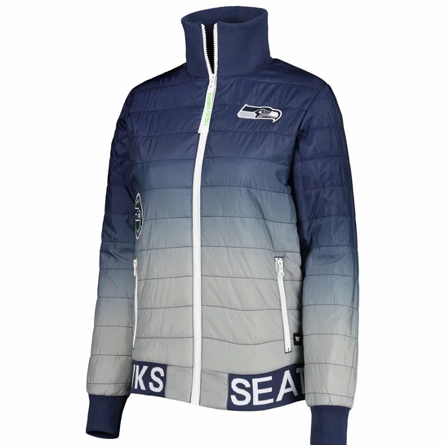 Clothing * | Women'S The Wild Collective College Navy/Gray Seattle Seahawks Color Block Full-Zip Puffer Jacket