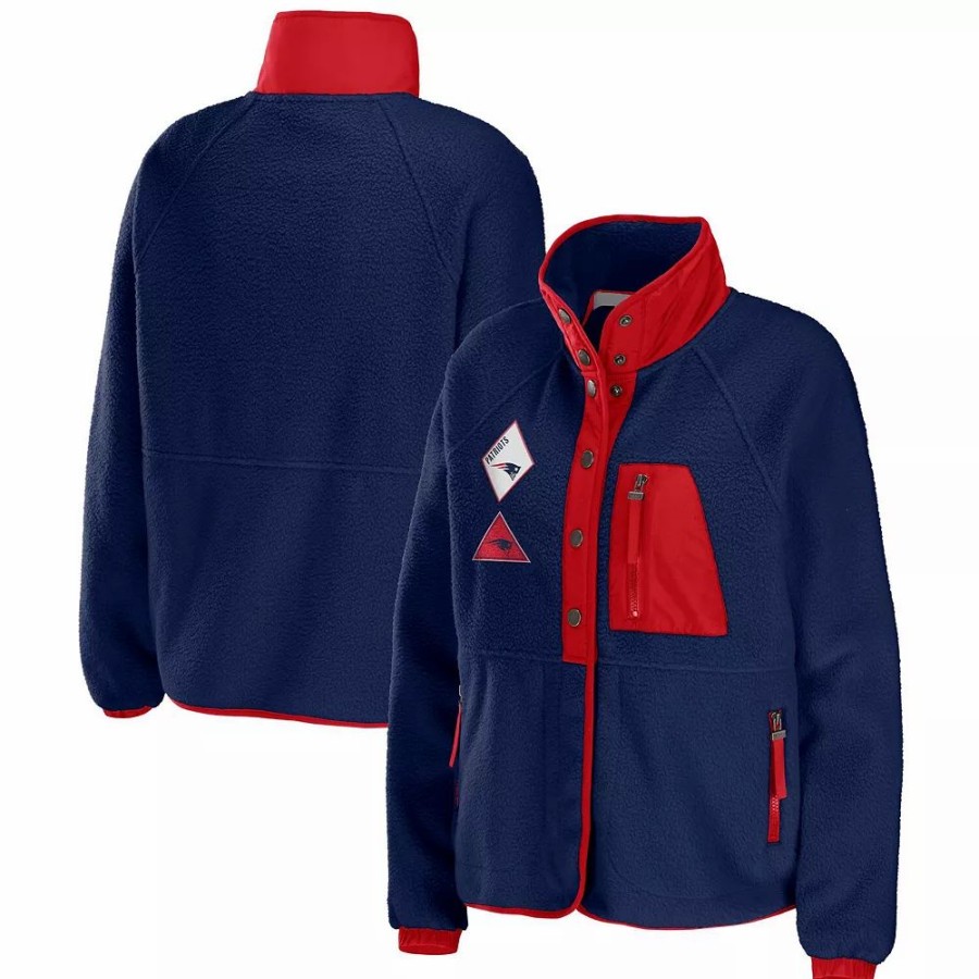 Clothing * | Women'S Wear By Erin Andrews Navy New England Patriots Polar Fleece Raglan Full-Snap Jacket