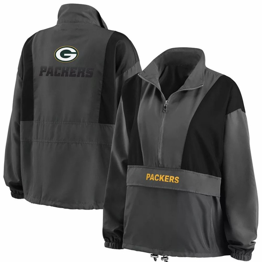 Clothing * | Women'S Wear By Erin Andrews Charcoal Green Bay Packers Popover Packable Half-Zip Jacket