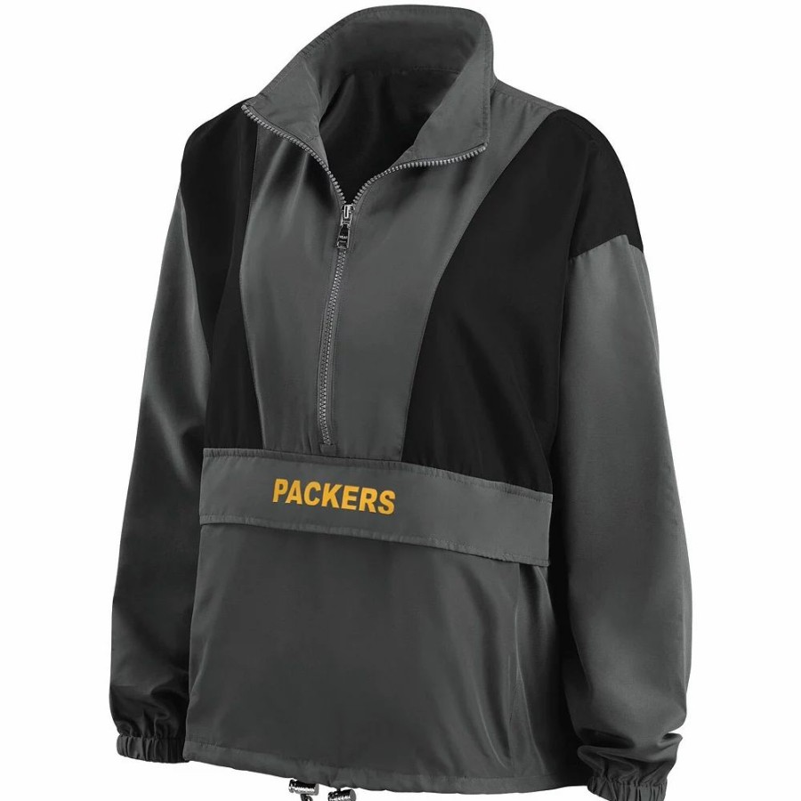 Clothing * | Women'S Wear By Erin Andrews Charcoal Green Bay Packers Popover Packable Half-Zip Jacket