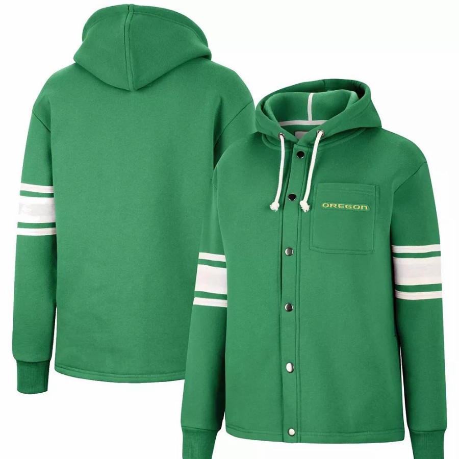 Clothing * | Women'S Colosseum Green Oregon Ducks Mia Striped Full-Snap Hoodie Jacket