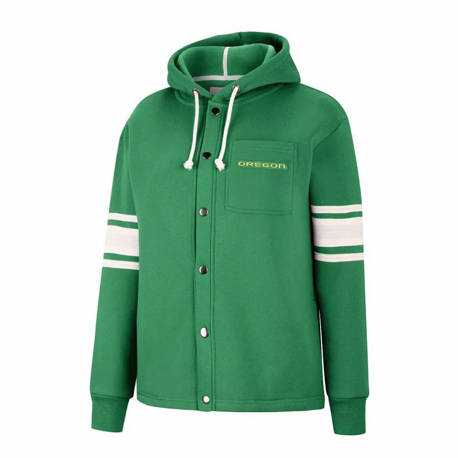 Clothing * | Women'S Colosseum Green Oregon Ducks Mia Striped Full-Snap Hoodie Jacket