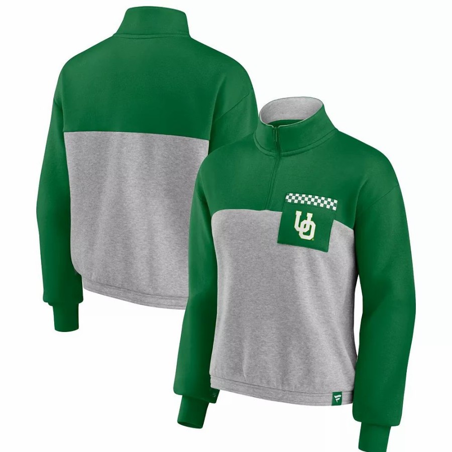 Clothing * | Women'S Fanatics Branded Green/Heathered Gray Oregon Ducks Sideline To Sideline Colorblock Quarter-Zip Jacket