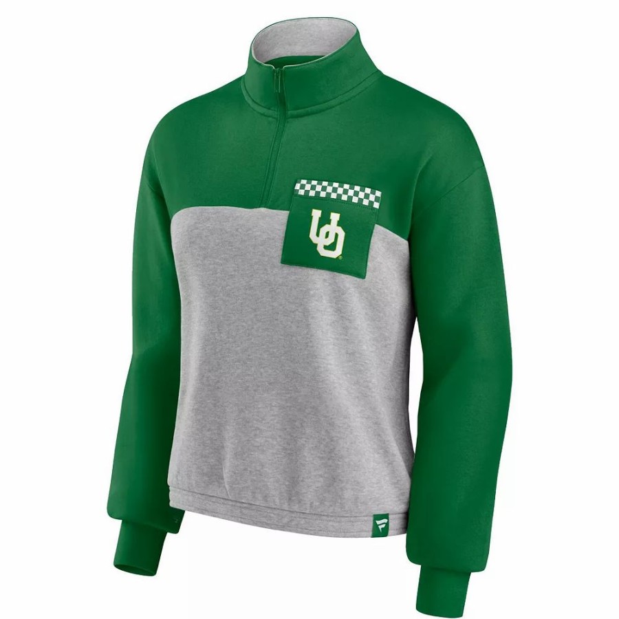 Clothing * | Women'S Fanatics Branded Green/Heathered Gray Oregon Ducks Sideline To Sideline Colorblock Quarter-Zip Jacket