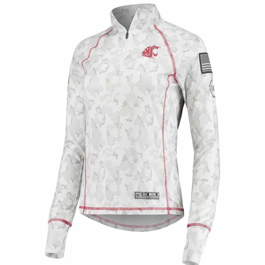 Clothing * | Women'S Colosseum White Washington State Cougars Oht Military Appreciation Officer Arctic Camo 1/4-Zip Jacket