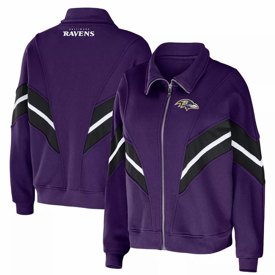 Clothing * | Women'S Wear By Erin Andrews Purple Baltimore Ravens Plus Size Yarn Dye Stripe Full-Zip Jacket