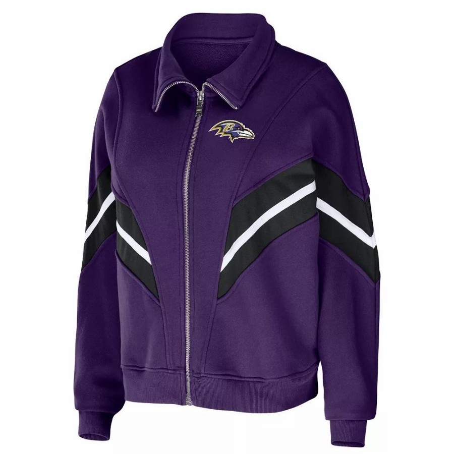 Clothing * | Women'S Wear By Erin Andrews Purple Baltimore Ravens Plus Size Yarn Dye Stripe Full-Zip Jacket