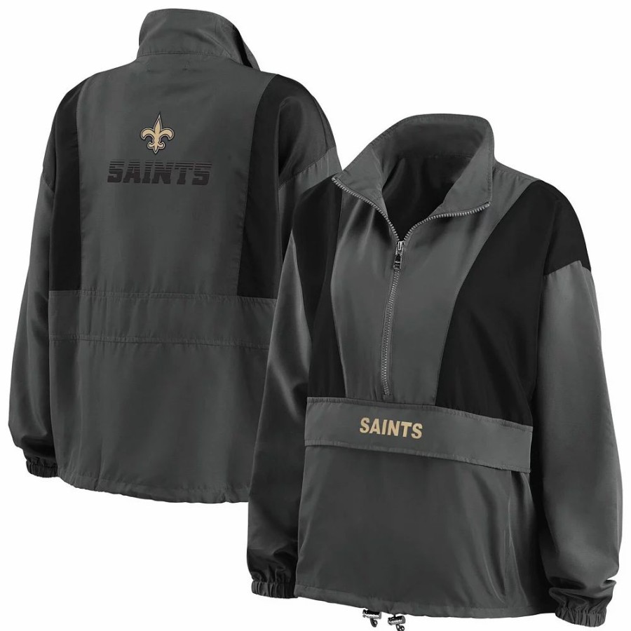 Clothing * | Women'S Wear By Erin Andrews Charcoal New Orleans Saints Popover Packable Half-Zip Jacket