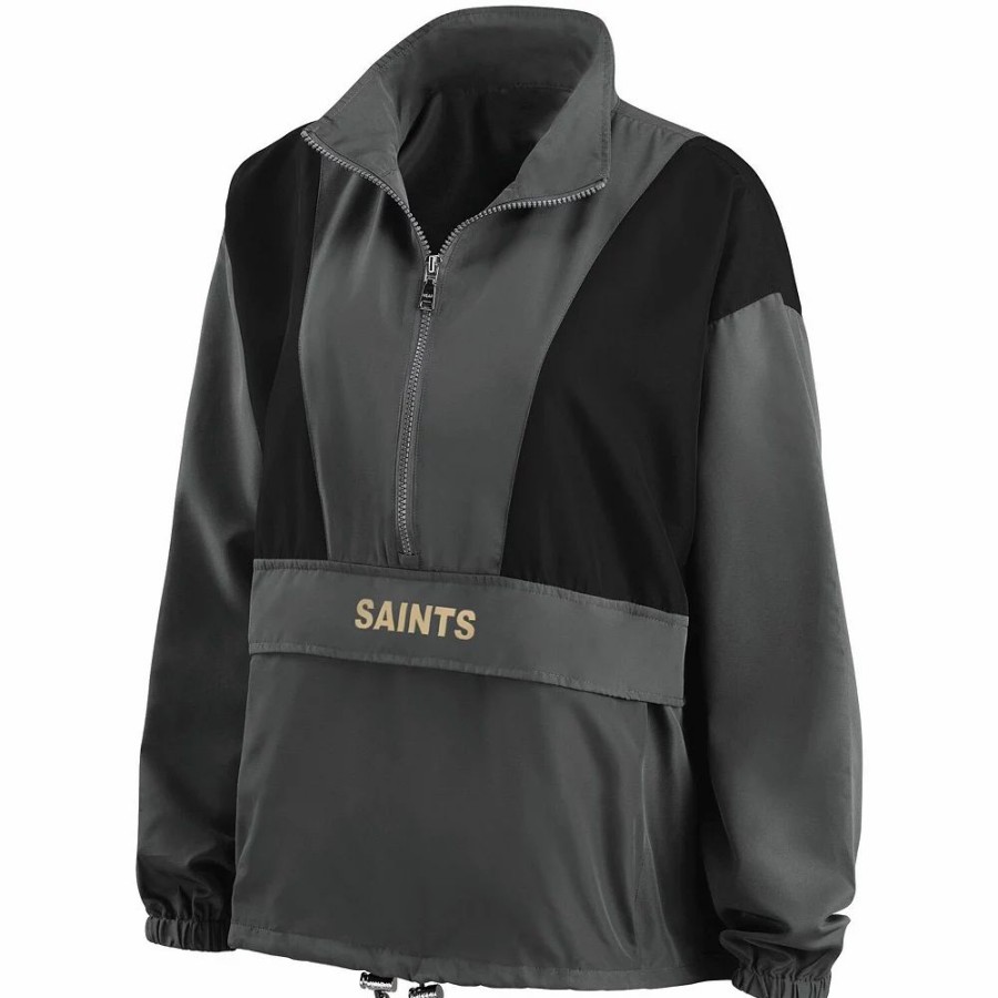 Clothing * | Women'S Wear By Erin Andrews Charcoal New Orleans Saints Popover Packable Half-Zip Jacket