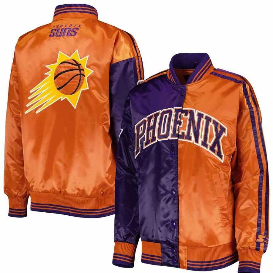 Clothing * | Women'S Starter Purple/Orange Phoenix Suns Split Colorblock Satin Full-Snap Varsity Jacket