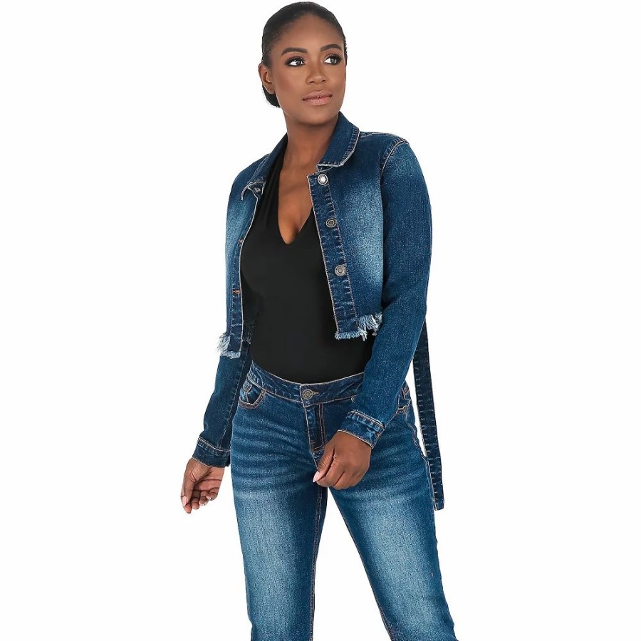 Clothing * | Poetic Justice Curvy Women'S Strap Frayed Hem Indigo Tinted Cropped Jean Jacket