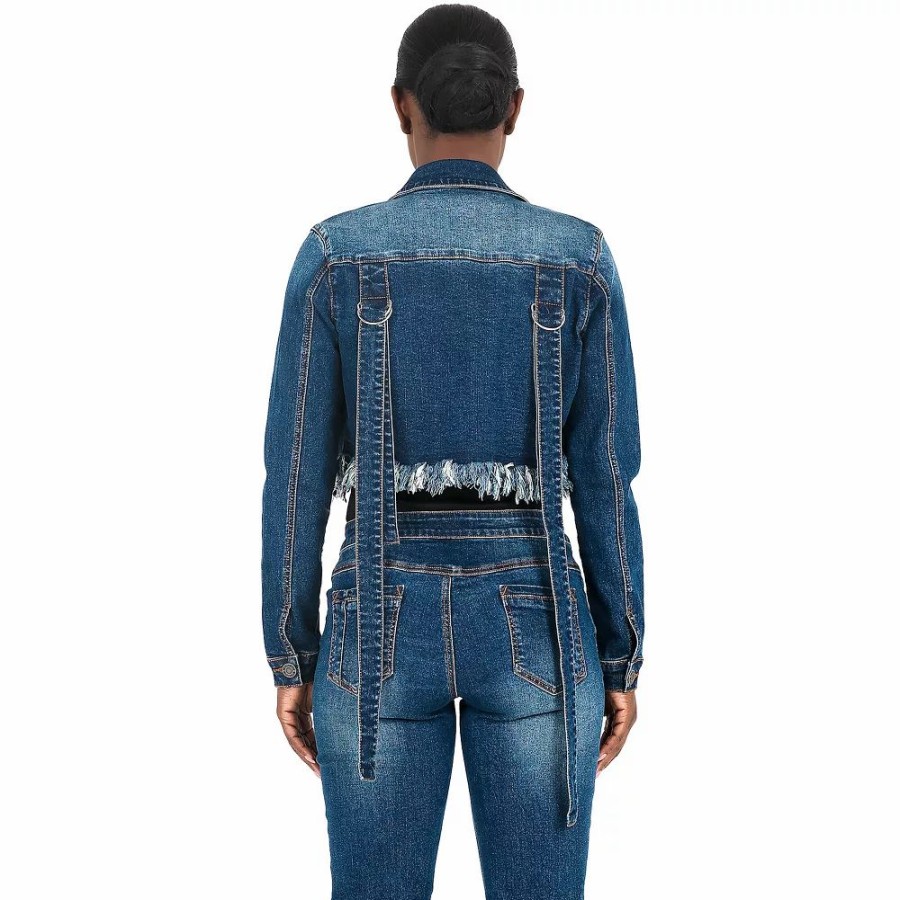 Clothing * | Poetic Justice Curvy Women'S Strap Frayed Hem Indigo Tinted Cropped Jean Jacket