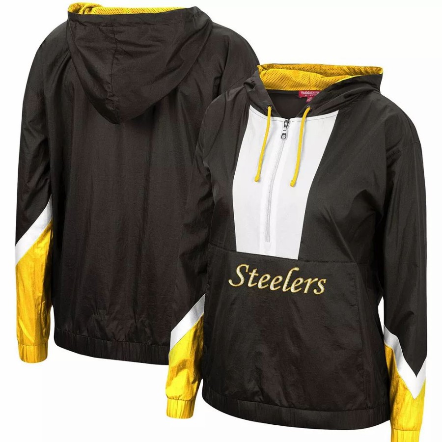 Clothing * | Women'S Mitchell & Ness Black Pittsburgh Steelers Half-Zip Windbreaker Hoodie