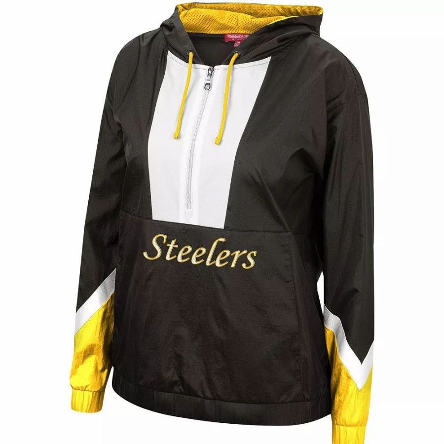 Clothing * | Women'S Mitchell & Ness Black Pittsburgh Steelers Half-Zip Windbreaker Hoodie