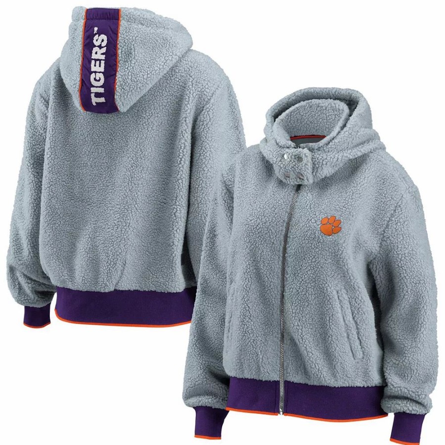 Clothing * | Women'S Wear By Erin Andrews Gray Clemson Tigers Sherpa Full-Zip Hoodie