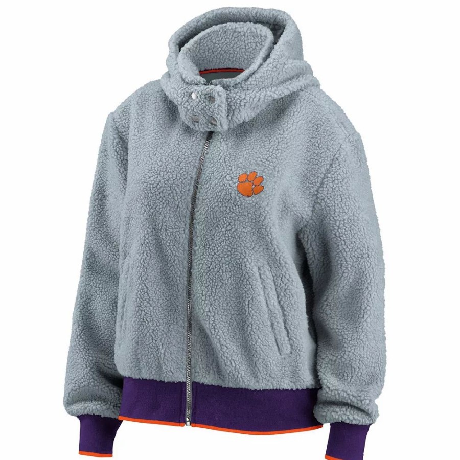 Clothing * | Women'S Wear By Erin Andrews Gray Clemson Tigers Sherpa Full-Zip Hoodie