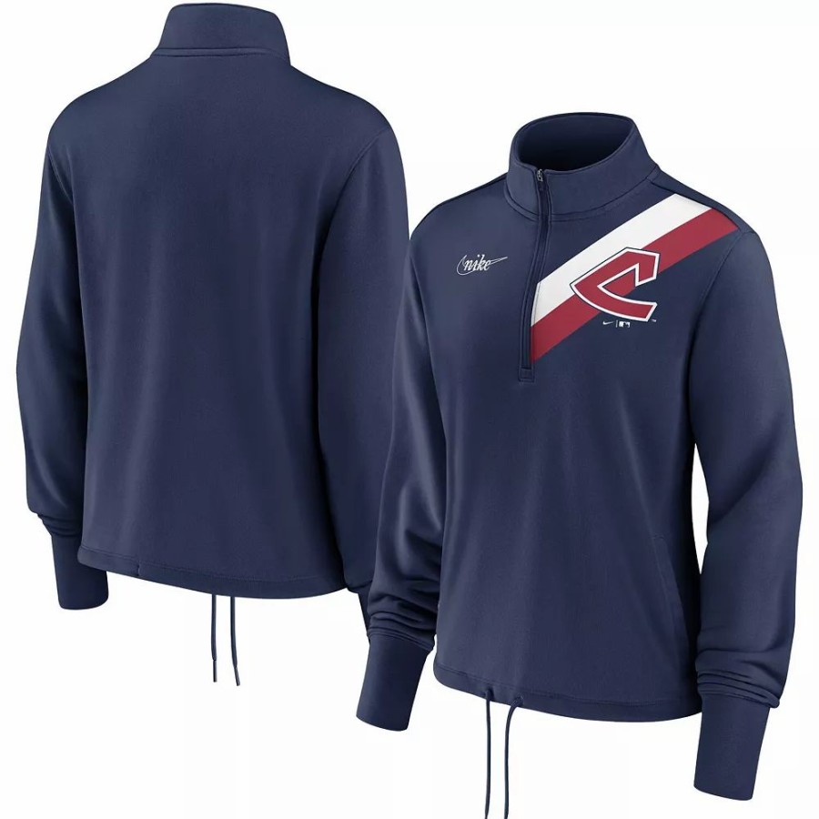 Clothing * | Women'S Nike Navy Cleveland Indians 1973-77 Cooperstown Collection Rewind Stripe Performance Half-Zip Pullover