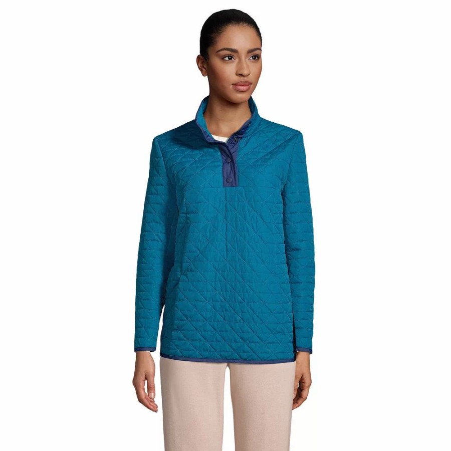 Clothing * | Women'S Lands' End Insulated Quilted Snap-Neck Sweatshirt Baltic Teal