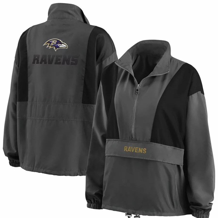 Clothing * | Women'S Wear By Erin Andrews Charcoal Baltimore Ravens Popover Packable Half-Zip Jacket