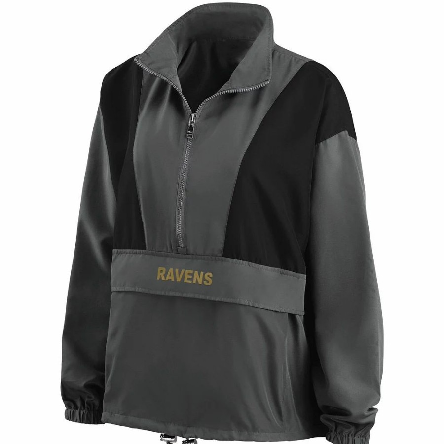 Clothing * | Women'S Wear By Erin Andrews Charcoal Baltimore Ravens Popover Packable Half-Zip Jacket