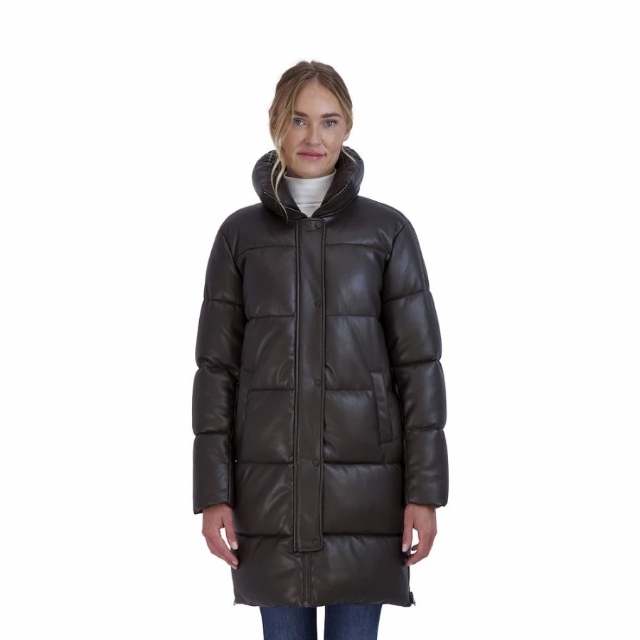 Clothing * | Women'S Sebby Collection Faux-Leather 3/4 Puffer Coat Brown