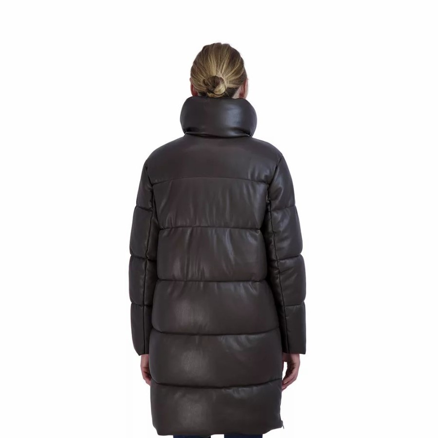 Clothing * | Women'S Sebby Collection Faux-Leather 3/4 Puffer Coat Brown