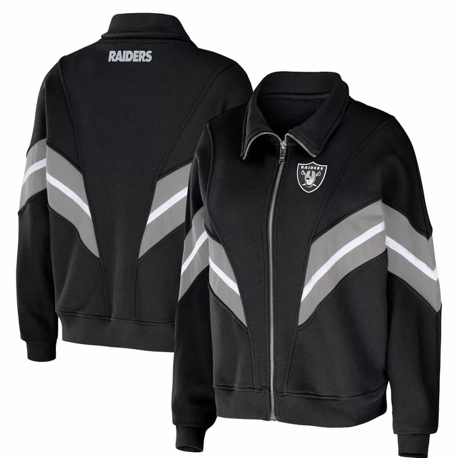 Clothing * | Women'S Wear By Erin Andrews Black Las Vegas Raiders Yarn Dye Stripe Full-Zip Jacket