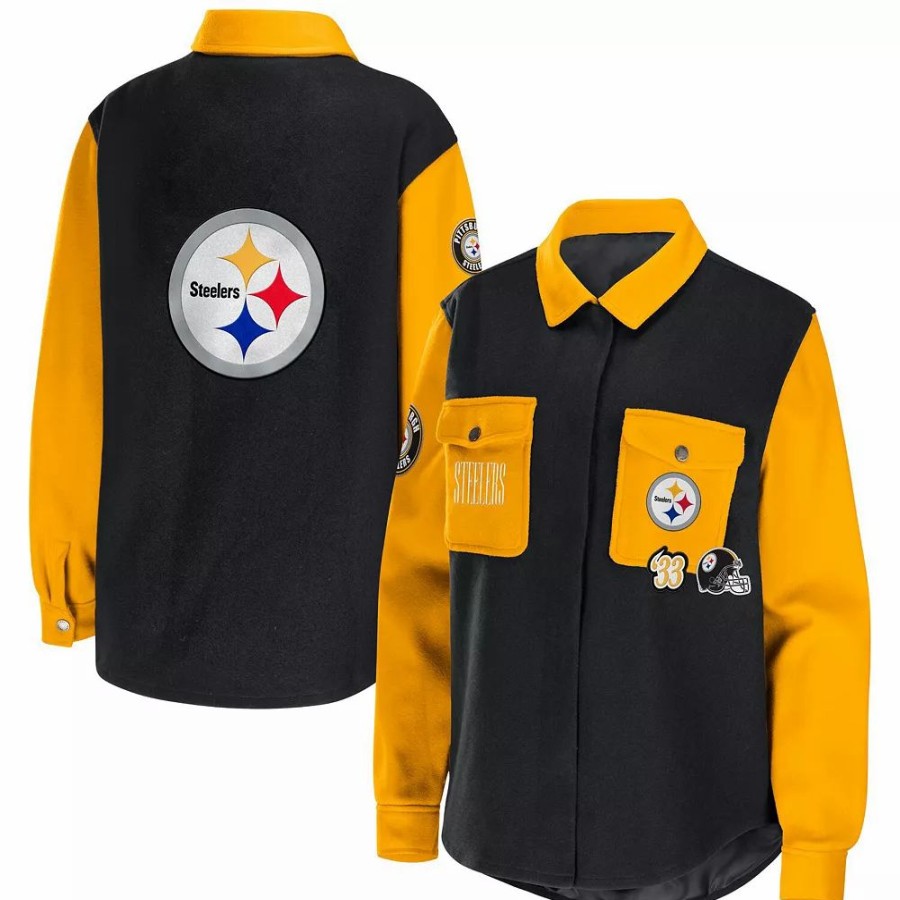 Clothing * | Women'S Wear By Erin Andrews Black Pittsburgh Steelers Button-Up Shirt Jacket