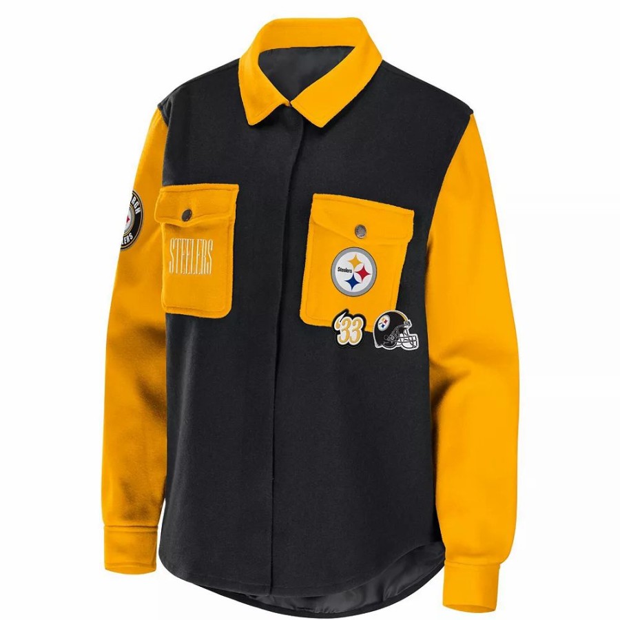 Clothing * | Women'S Wear By Erin Andrews Black Pittsburgh Steelers Button-Up Shirt Jacket