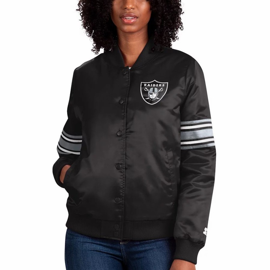 Clothing * | Women'S Starter Black Las Vegas Raiders Line Up Satin Full-Snap Varsity Jacket