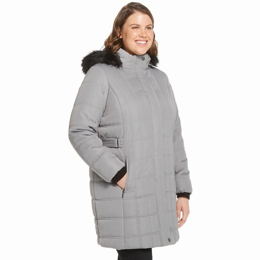 Clothing * | Plus Size Weathercast Hooded Quilted Puffer Jacket Gray Slate