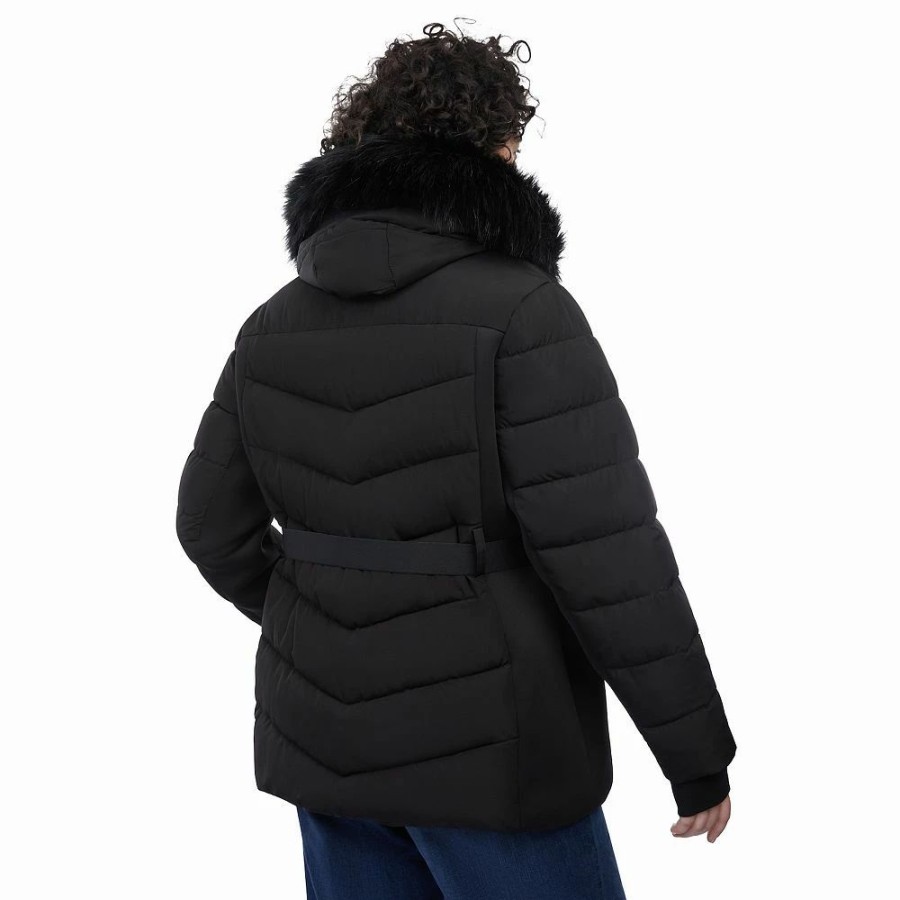 Clothing * | Plus Size London Fog Faux-Fur Hood Stretch Puffer Coat River Blue