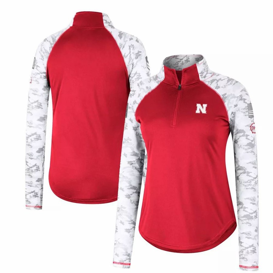 Clothing * | Women'S Colosseum Scarlet Nebraska Huskers Oht Military Appreciation Flash Arctic Camo Raglan Quarter-Zip Jacket