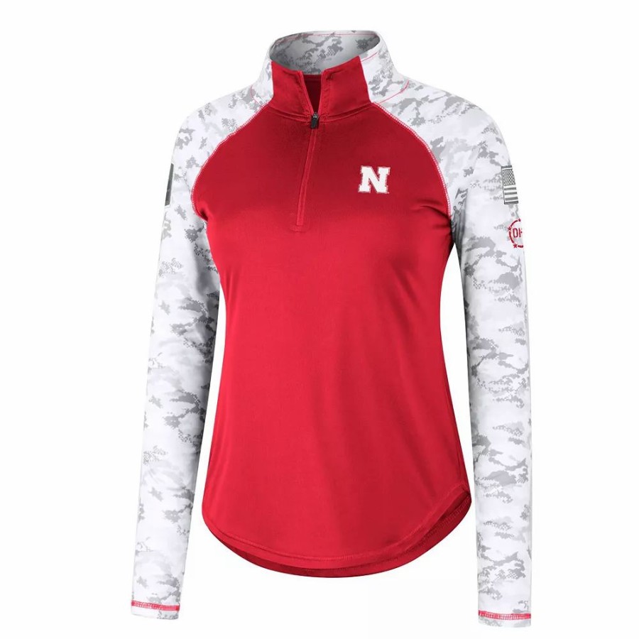 Clothing * | Women'S Colosseum Scarlet Nebraska Huskers Oht Military Appreciation Flash Arctic Camo Raglan Quarter-Zip Jacket