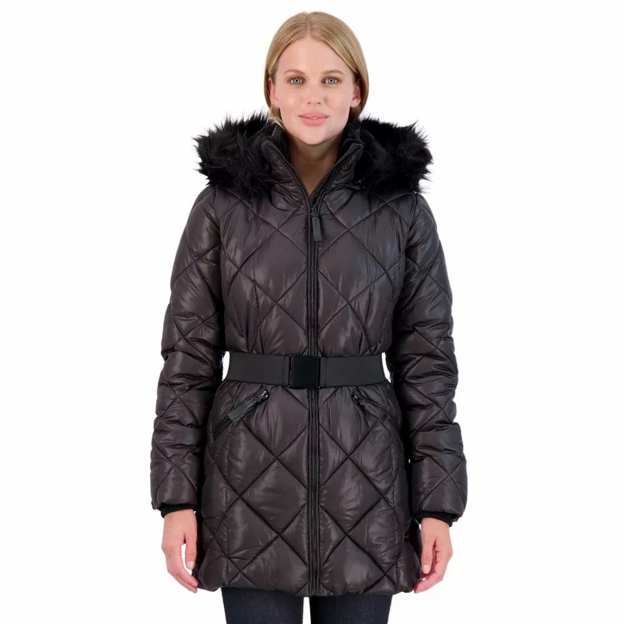 Clothing * | Women'S Sebby Collection Quilted 3/4 Belted Puffer Jacket