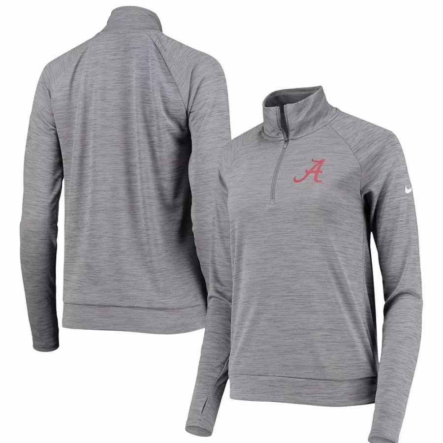 Clothing * | Women'S Nike Heathered Gray Alabama Crimson Tide Pacer Raglan Performance Quarter-Zip Jacket